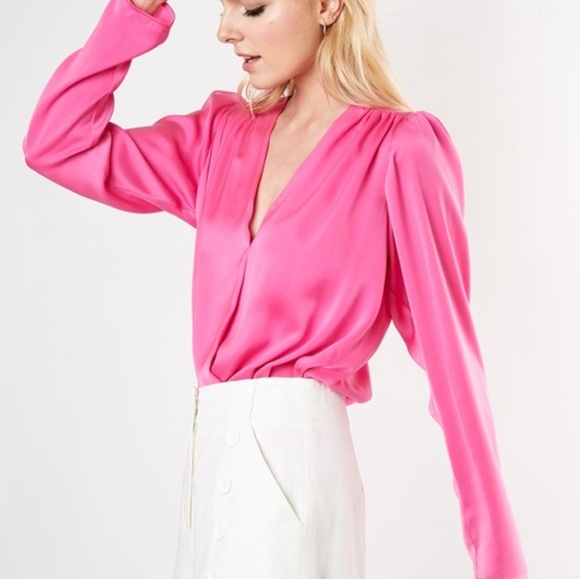 Neon Night Satin Surplice Bodysuit in Hot Pink - Picture 2 of 8